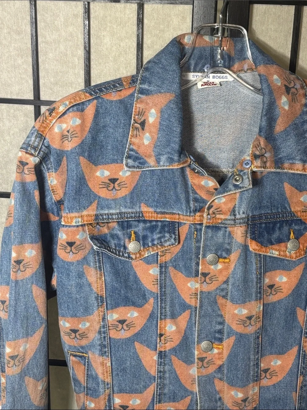 Jellymallow Sylvan Boggs Kids Orange Cat Face Denim Jacket Blue Light Wash